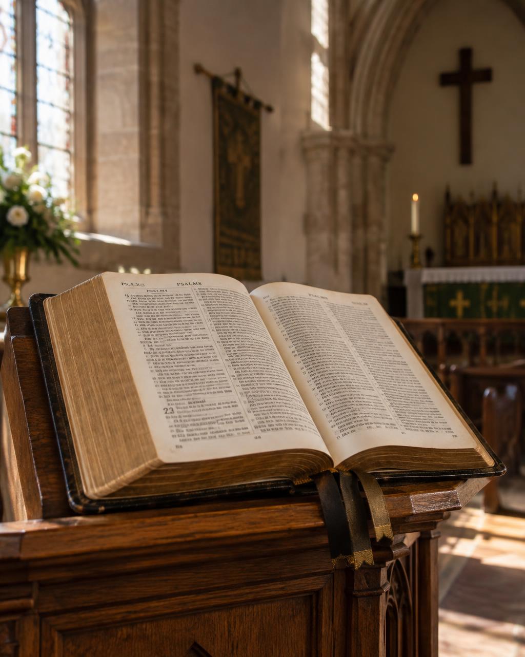 An open pulpit Bible resting on an oak lectern in a quiet church